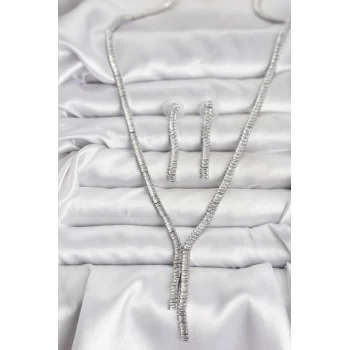 Mey İthalat® Gümüş Renk Baget Zirkon Taşlı Kadın Kolye Küpe Set