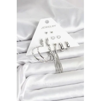 Mey İthalat® Gümüş Renk Pirinç 6 Çiftli Kadın Küpe Seti