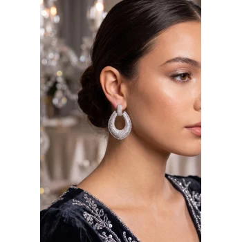 Mey İthalat® Gümüş Renk Zirkon Taşlı Damla Halka Model Kadın Abiye Küpe