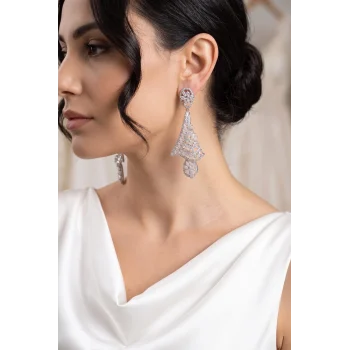 Mey İthalat® Gümüş Renk Zirkon Taşlı Kadın Abiye Küpe