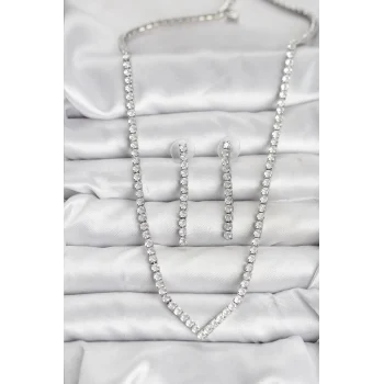 Mey İthalat® Gümüş Renk Zirkon Taşlı Kadın Kolye Küpe Seti