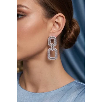 Mey İthalat® Gümüş Renk Zirkon Taşlı Kare Model Kadın Abiye Küpe