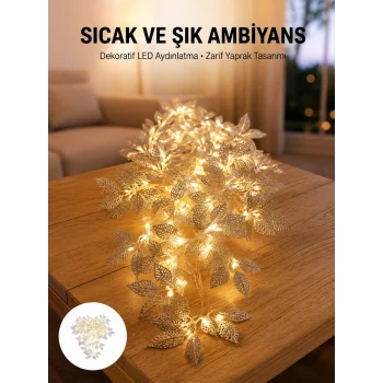 Mey İthalat® Gümüş Yaprak Tasarımlı LED Işık Pilli Ev ve Vitrin Dekoru