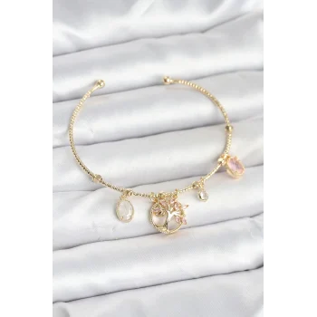 Mey İthalat® Hayat Ağacı Charmlı Gold Renk Pirinç Kadın Bileklik