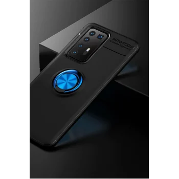 Mey İthalat®  Huawei P40 Pro Kılıf Range Yüzüklü Silikon - Siyah-Mavi
