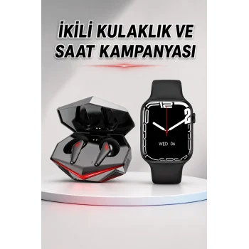 Mey İthalat® İkili Set Dev Kampanya Ucuz Kulaklık Ucuz Akıllı Saat Gürültü Önleyici Uzun Pil Ömrü
