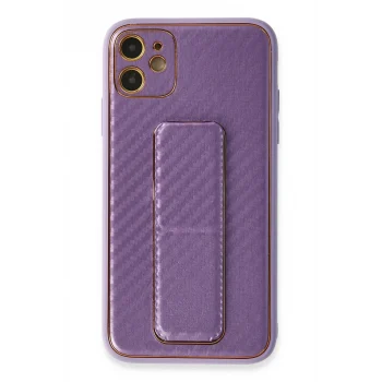 Mey İthalat®   iPhone 12 Kılıf Coco Karbon Standlı Kapak - Mor