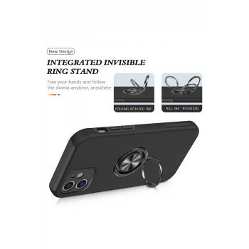 Mey İthalat®   iPhone 12 Kılıf Elit Yüzüklü Kapak - Siyah