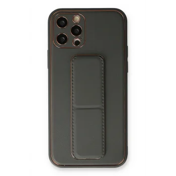Mey İthalat®   iPhone 12 Pro Kılıf Coco Deri Standlı Kapak - Füme