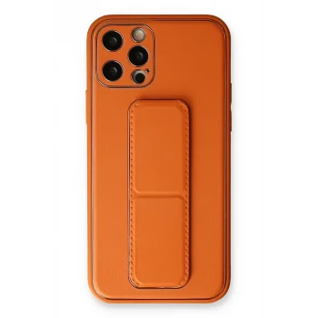 Mey İthalat®   iPhone 12 Pro Kılıf Coco Deri Standlı Kapak - Turuncu