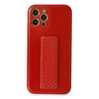 Mey İthalat®   iPhone 12 Pro Kılıf Coco Karbon Standlı Kapak - Kırmızı