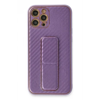 Mey İthalat®   iPhone 12 Pro Kılıf Coco Karbon Standlı Kapak - Mor
