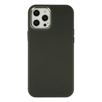 Mey İthalat®   iPhone 12 Pro Max Kılıf Asya Deri Silikon - Koyu Yeşil