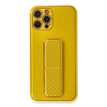 Mey İthalat®   iPhone 12 Pro Max Kılıf Coco Karbon Standlı Kapak - Sarı