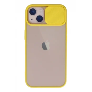 Mey İthalat®   iPhone 13 Kılıf Palm Buzlu Kamera Sürgülü Silikon - Sarı