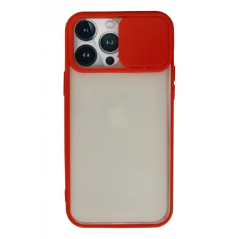 Mey İthalat®   iPhone 13 Pro Max Kılıf Palm Buzlu Kamera Sürgülü Silikon - Kırmızı