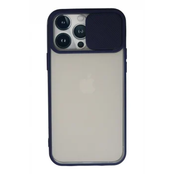 Mey İthalat®   iPhone 13 Pro Max Kılıf Palm Buzlu Kamera Sürgülü Silikon - Lacivert