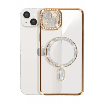 Mey İthalat®   iPhone 15 Kılıf Joke Simli Magneticsafe Kılıf - Gold