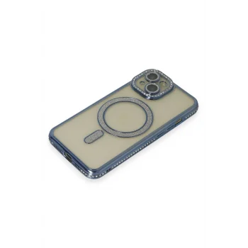 Mey İthalat®   iPhone 15 Kılıf Joke Simli Magneticsafe Kılıf - Lacivert