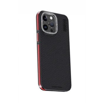 Mey İthalat®   iPhone 15 Pro Max Kılıf Aramid 600D Kevlar Karbon Fiber Magsafe Kapak - Kırmızı