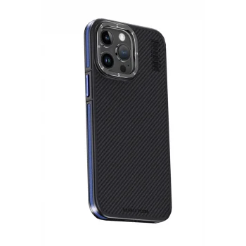 Mey İthalat®   iPhone 15 Pro Max Kılıf Aramid 600D Kevlar Karbon Fiber Magsafe Kapak - Lacivert