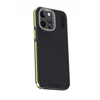 Mey İthalat®   iPhone 15 Pro Max Kılıf Aramid 600D Kevlar Karbon Fiber Magsafe Kapak - Sarı