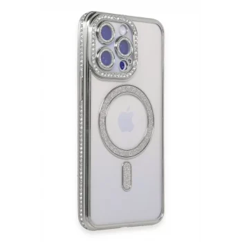 Mey İthalat®   iPhone 15 Pro Max Kılıf Joke Simli Magneticsafe Kılıf - Gümüş