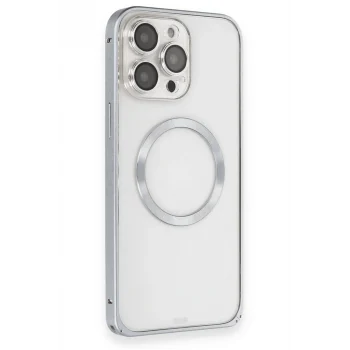 Mey İthalat®   iPhone 15 Pro Max Kılıf Metal Bumper Magneticsafe Kapak - Gri