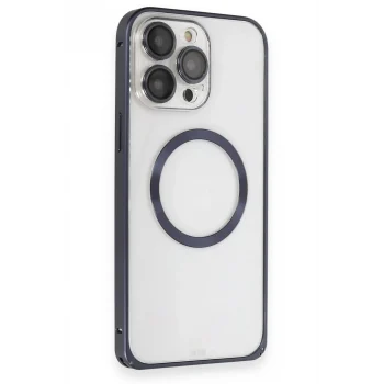 Mey İthalat®   iPhone 15 Pro Max Kılıf Metal Bumper Magneticsafe Kapak - Lacivert