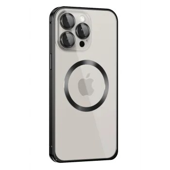 Mey İthalat®   iPhone 15 Pro Max Kılıf Metal Bumper Magneticsafe Kapak - Siyah