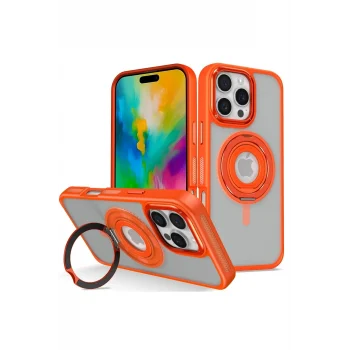 Mey İthalat®   iPhone 16 Pro Banza Magsafe Standlı Kapak - Turuncu