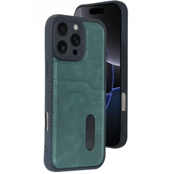 Mey İthalat®   iPhone 16 Pro Kılıf Sara Kartvizitli Deri Kılıf - Koyu Yeşil