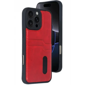 Mey İthalat®   iPhone 16 Pro Max Kılıf Sara Kartvizitli Deri Kılıf - Kırmızı