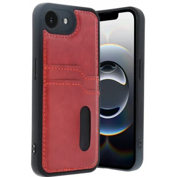 Mey İthalat®   iPhone 16E Kılıf Sara Kartvizitli Deri Kılıf - Kırmızı