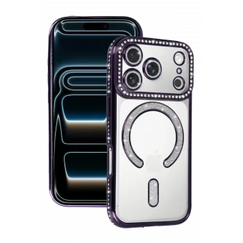 Mey İthalat®   iPhone 17 Pro Max Joke Simli Magneticsafe Kılıf - Derin Mor