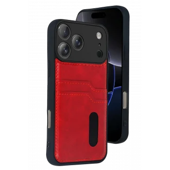 Mey İthalat®   iPhone 17 Pro Sara Kartvizitli Deri Kılıf - Kırmızı