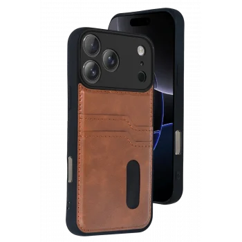Mey İthalat®   iPhone 17 Pro Sara Kartvizitli Deri Kılıf - Taba