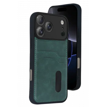 Mey İthalat®   iPhone 17 Pro Sara Kartvizitli Deri Kılıf - Yeşil