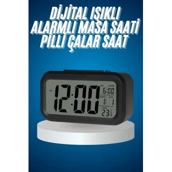 Mey İthalat® Işıklı Dereceli Masa Ofis Saati Alarmlı Termometre Takvim Çalar Saat