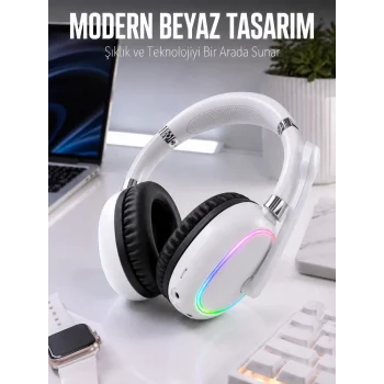 Mey İthalat® Kablosuz Bluetooth Mikrofonlu Beyaz Kulaklık  RGB Işıklı