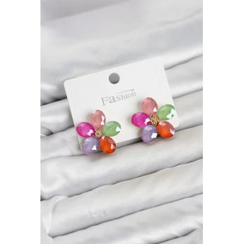 Mey İthalat® Karışık Renk Kristal Taşlı Çiçek Model Kadın Küpe