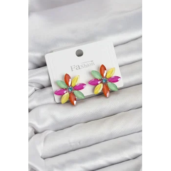 Mey İthalat® Karışık Renk Kristal Taşlı Lotus Çiçek Model Kadın Küpe