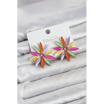 Mey İthalat® Karışık Renk Kristal Taşlı Lotus Model Kadın Küpe