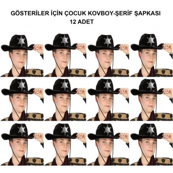 Mey İthalat® Kovboy Şerif Şapkası Siyah 12 Adet - Kostüm, Parti ve Gösteri Şapkası