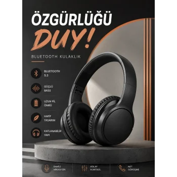 Mey İthalat® Kulak Üstü Bluetooth Kulaklık Ayarlanabiilir Uzun Pil Ömrü Kablosuz 5.0 Bluetooth