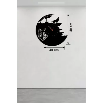 Mey İthalat® Kurt Temalı Lazer Kesim Ahşap Duvar Saati - 40x40 cm Dekoratif