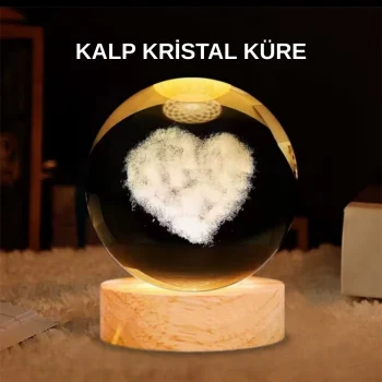Mey İthalat® LED Işıklı Kalp Desenli Cam Küre Büyük Boy Ahşap Tabanlı