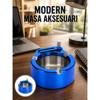 Mey İthalat® Metal Küllük ve Çakmak Seti Yuvarlak Modern Tasarım Yeni Nesil