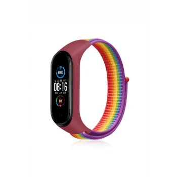 Mey İthalat®   Mi Band 4 Hasırlı Cırtcırtlı Kordon - Gökkuşağı