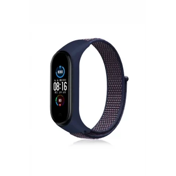 Mey İthalat®   Mi Band 4 Hasırlı Cırtcırtlı Kordon - Lacivert-Mor